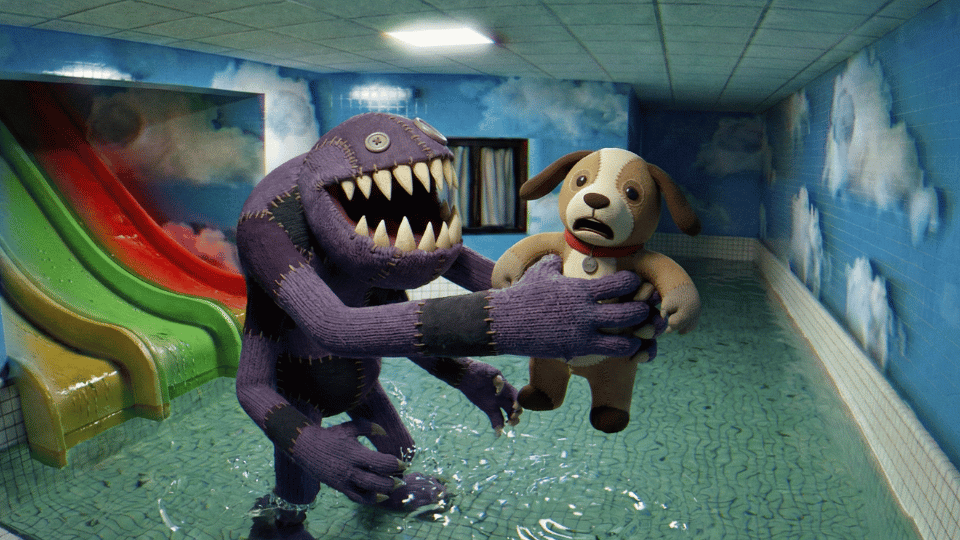 A dark purple monster plush holds a frightened dog plush in an indoor pool with a water slide.